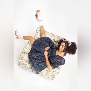 Selkie The 80s Ditsy Puff Dress Mini Black Purple Floral Size XS